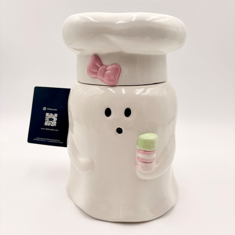 Dabney Lee Ghost Baker Ceramic Utensil Holder Cookie Jar Pink Bow Macarons NEW